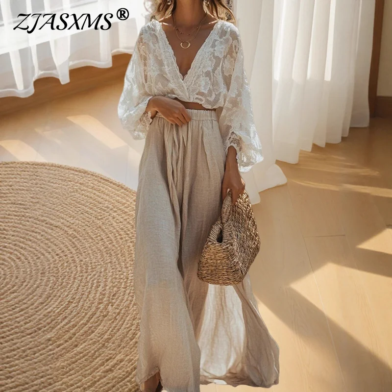 2026 New Spring Vacation Outfits Woman Sexy Deep V Neck Hollow Jacquard Tops+Cotton Linen Skirts Suit Autumn Embroidery Lace Set