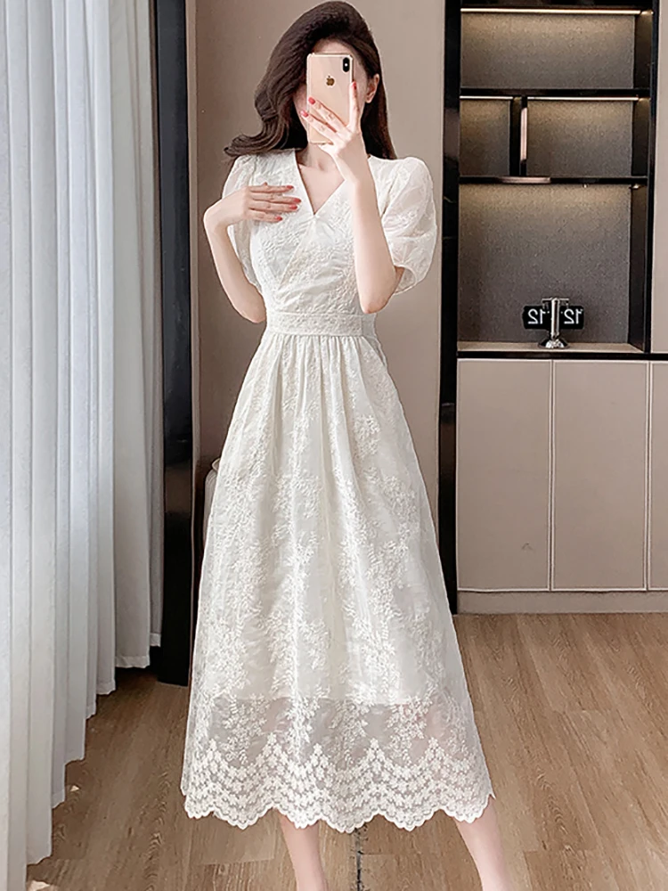 Robe de soirée blanche brodée pour femme, robe longue, tambour élégant, robe de Rhde festival, fête de luxe, coréen, vintage, nouveau, été, 2024