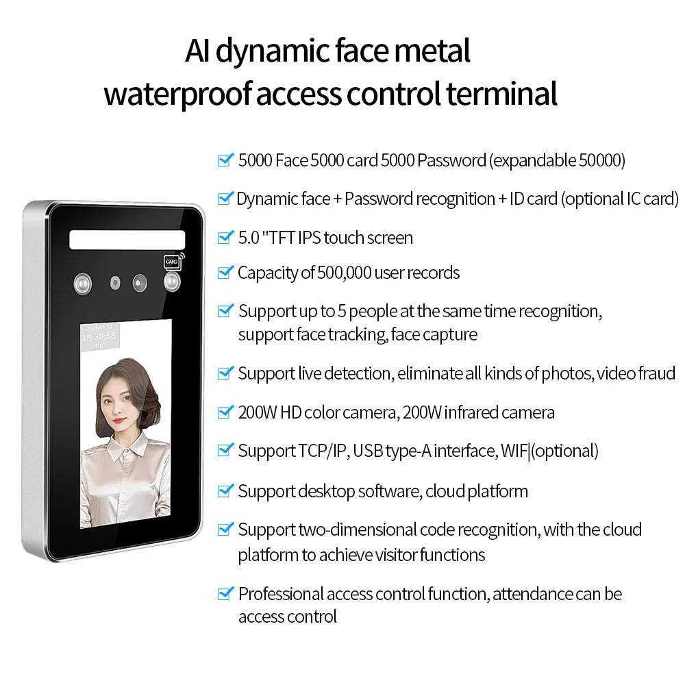 AI01 Waterproof Metal Face Recognition Access Control System Wifi Cloud Software API SDK Staff Attendance Card Read