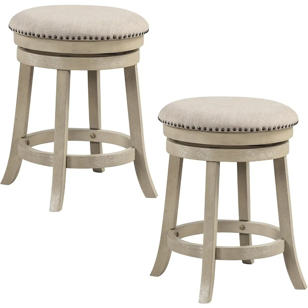 

360° Swivel Bar Stools Set of 2, 24-inch Height Upholstered Round Barstools with Wooden Frame, Seat and Footrest, Backle