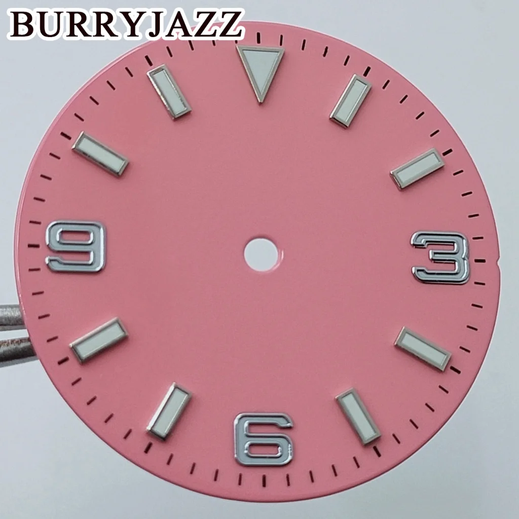 BURRYJAZZ 28.5mmNo Logo NH35 NH36 Watch Dials Pink Blue Black Green Red Dial Green Luminous Fit 3 O\'clock 3.8 O\'clock Case Crown