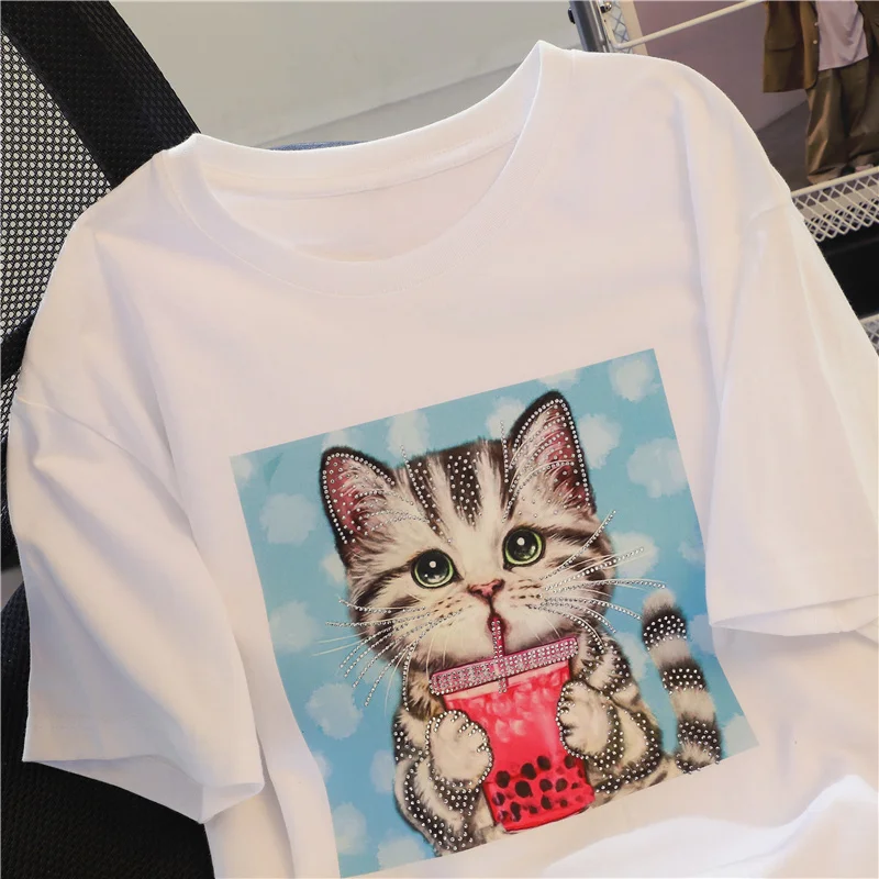 Women Fashion White 3D Digital Hot-drilling Pure Cartoon Short-sleeved T-shirt Cat Diamonds Top Kawaii Clothes Tees Harajuku Y2k