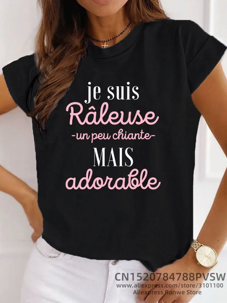 Camiseta con estampado de letras para mujer, ropa con cuello redondo de los años 90, Harajuku de francia, Y2K, negro, rosa y rojo, nueva