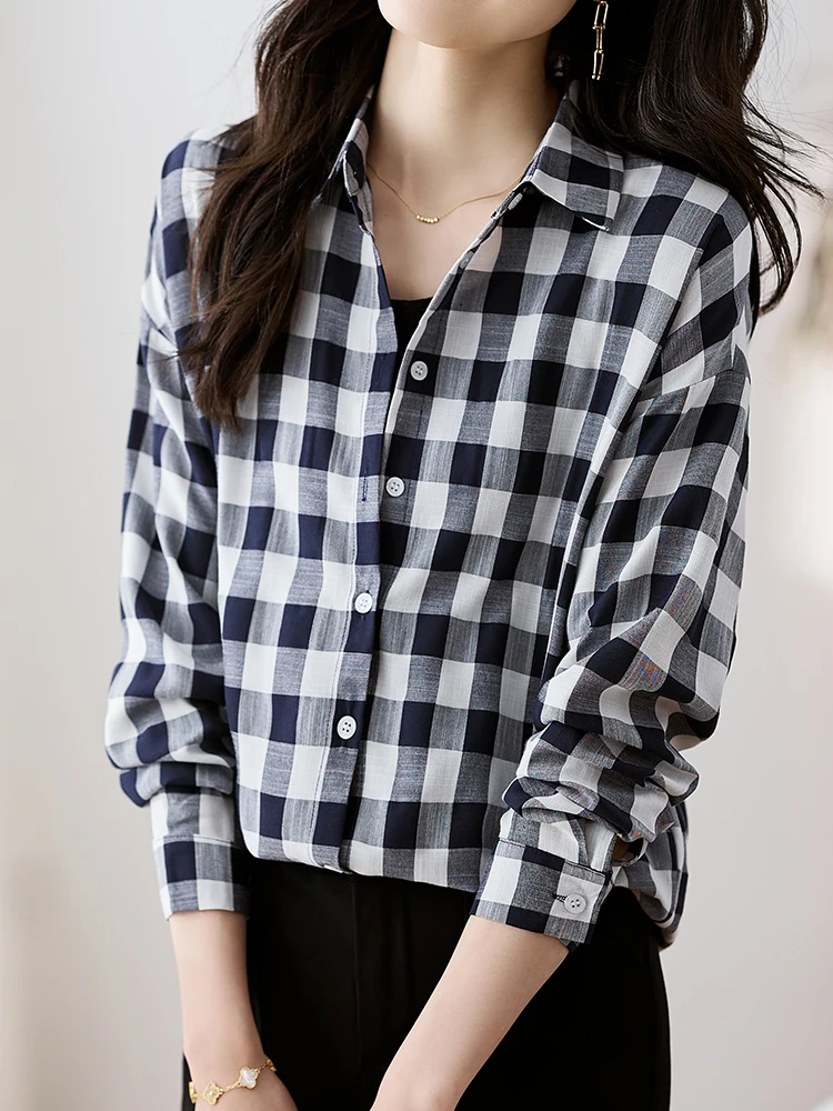 QOERLIN Plaid Shirts Women Turn-Down Collar Long Sleeve Loose Casual Check Black Blouse Office Ladies Elegant Casual Tops Shirts