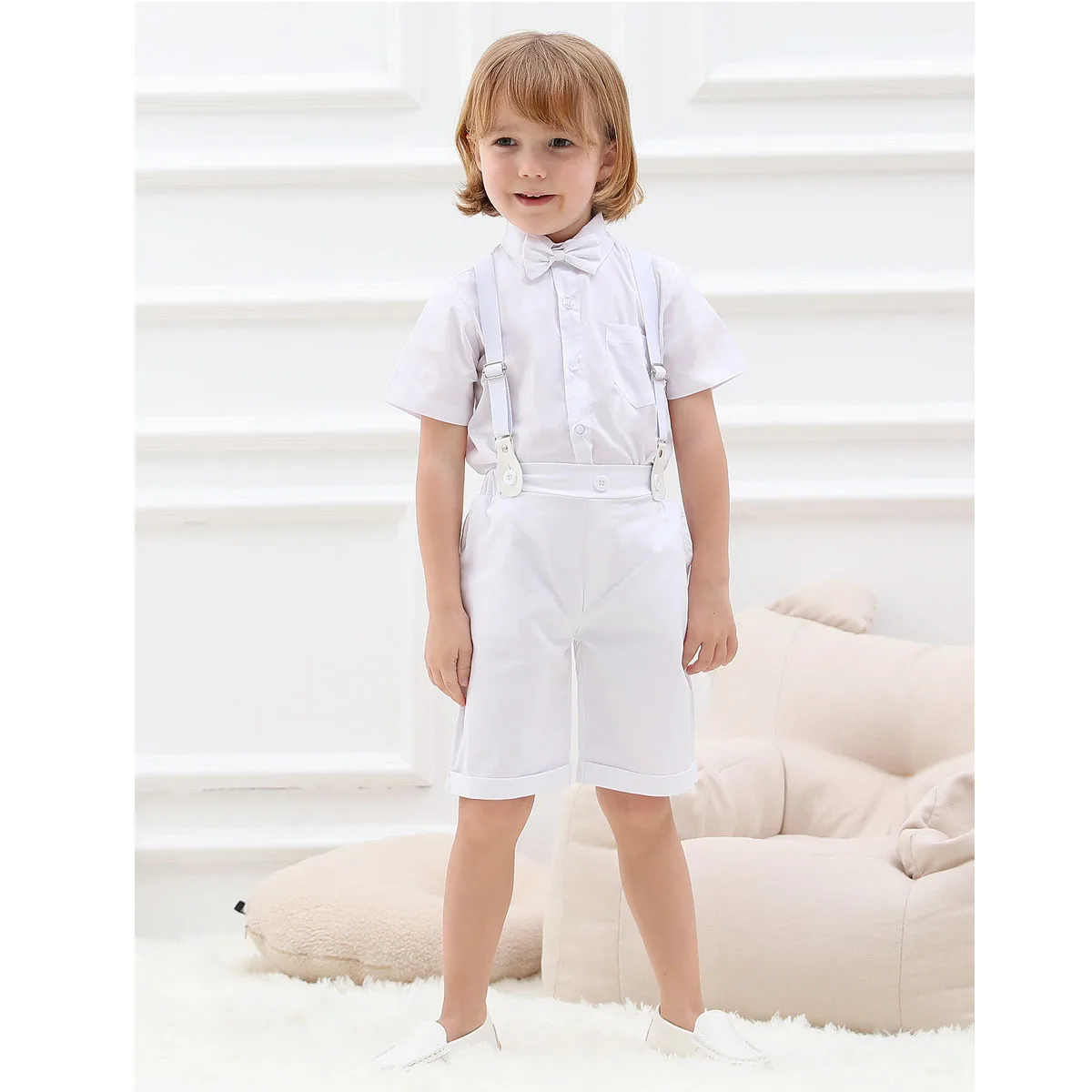 Toddler Baby Boy Clothing Set White Christening Outfits Kids Wedding Clothes Short Sleeve Shirt+Suspender Shorts 2PCS