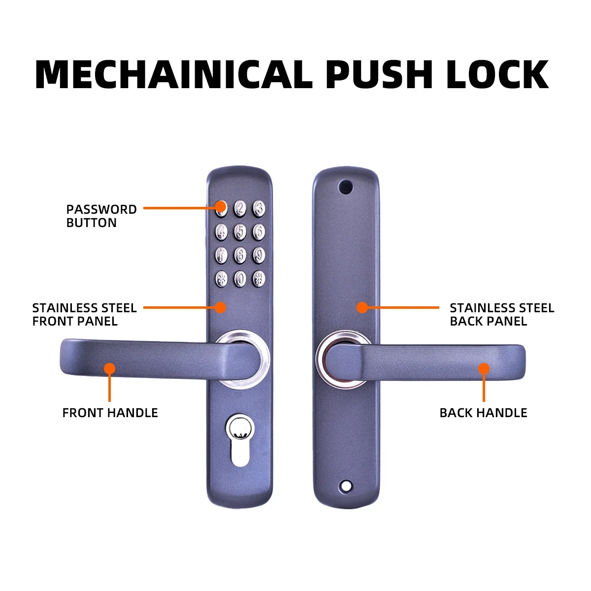 Keyless Entry Smart Lock พร้อมที่จับปุ่มกดแบบกลไกรหัสดิจิตอลล็อคประตูสแตนเลส 304 วัสดุอลูมิเนียม