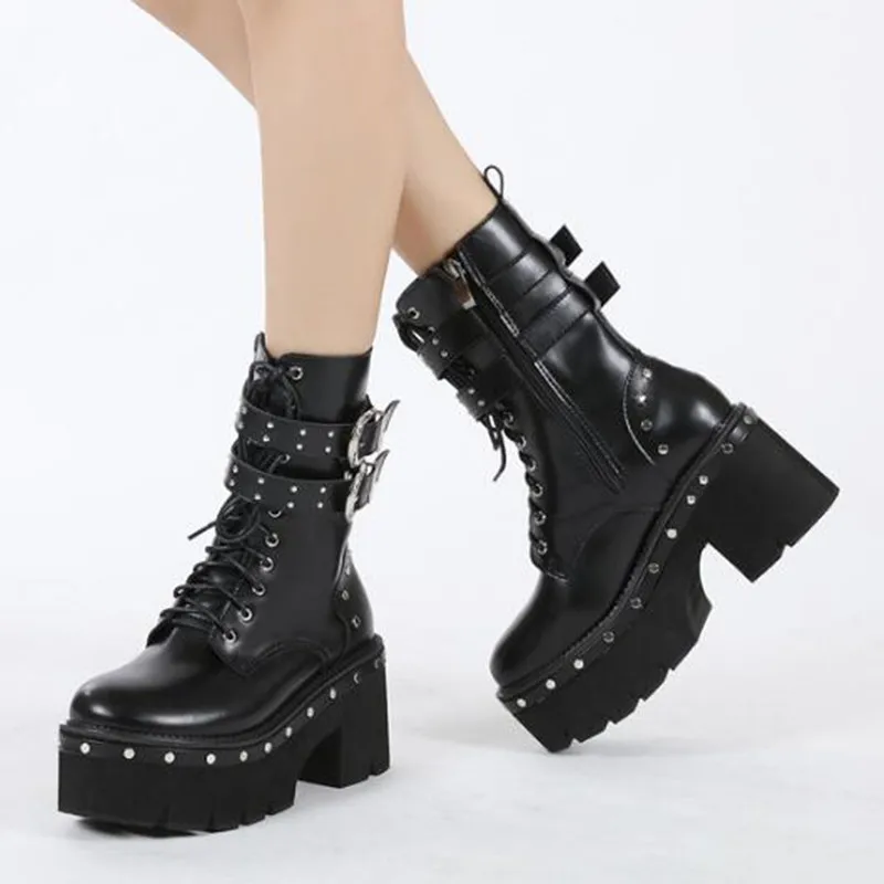 

Autumn Winter New Metal Rivet Women Ankle Boots Fashion Wedge Belt Buckle Ladies Botas Female High Heels Punk Motorcycle Booties