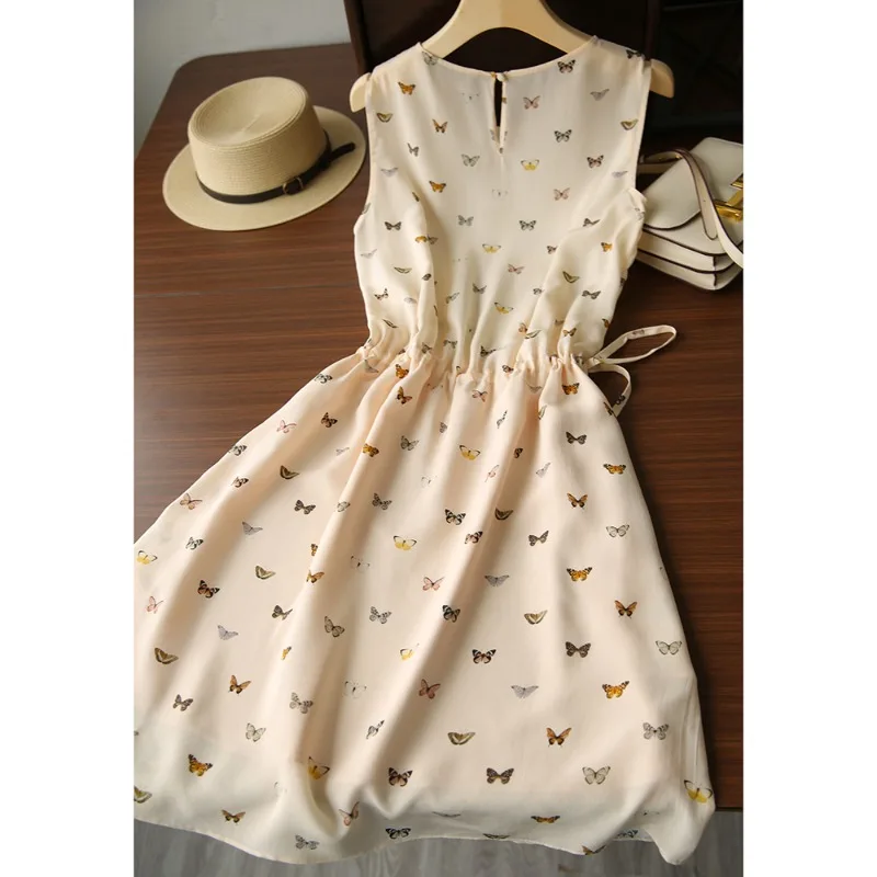 2024 Women's Summer Pullover Round Neck Spliced Fashion Casual Elegant Butterfly Button Print Sleeveless Lace Slim Silk Dress