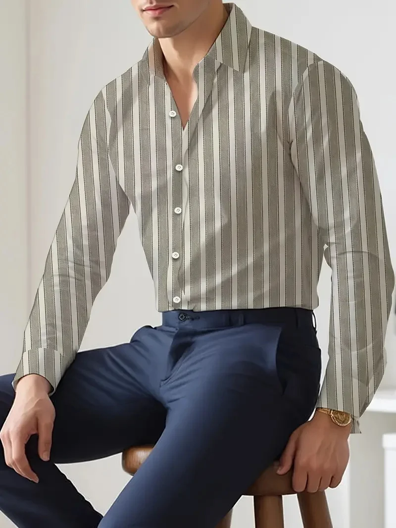 Camisa básica de manga comprida Vertical Stripe, estilo de negócios e escritório, Single Breasted, preguiçoso, pendulares, MB12