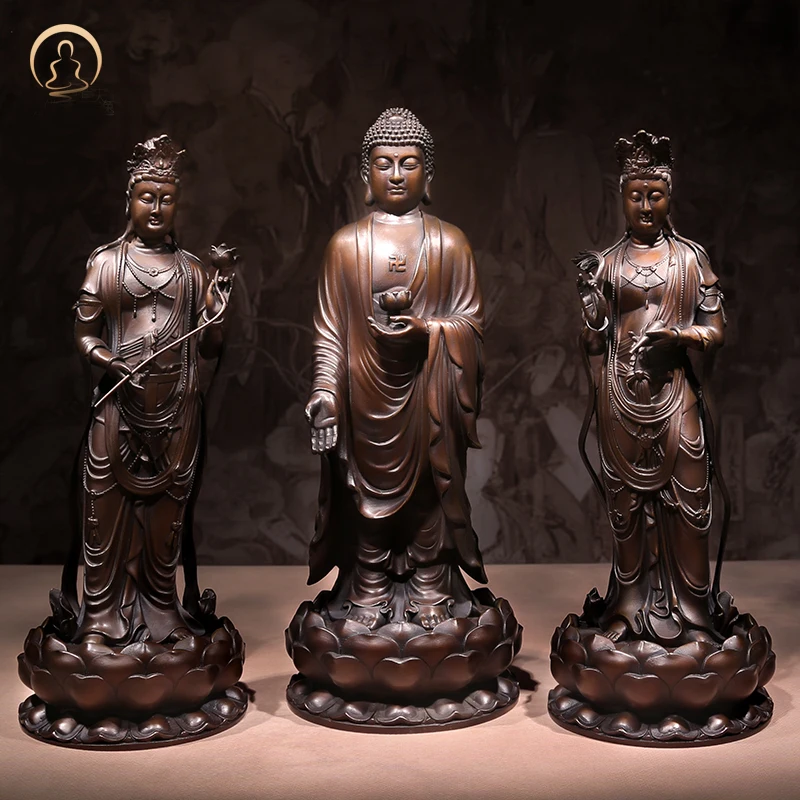 A SET 3P # GOOD figure of Buddha HOME temple Shrine Tantra Buddhism Amitabha Sakyamuni Guanyin Bronze statue