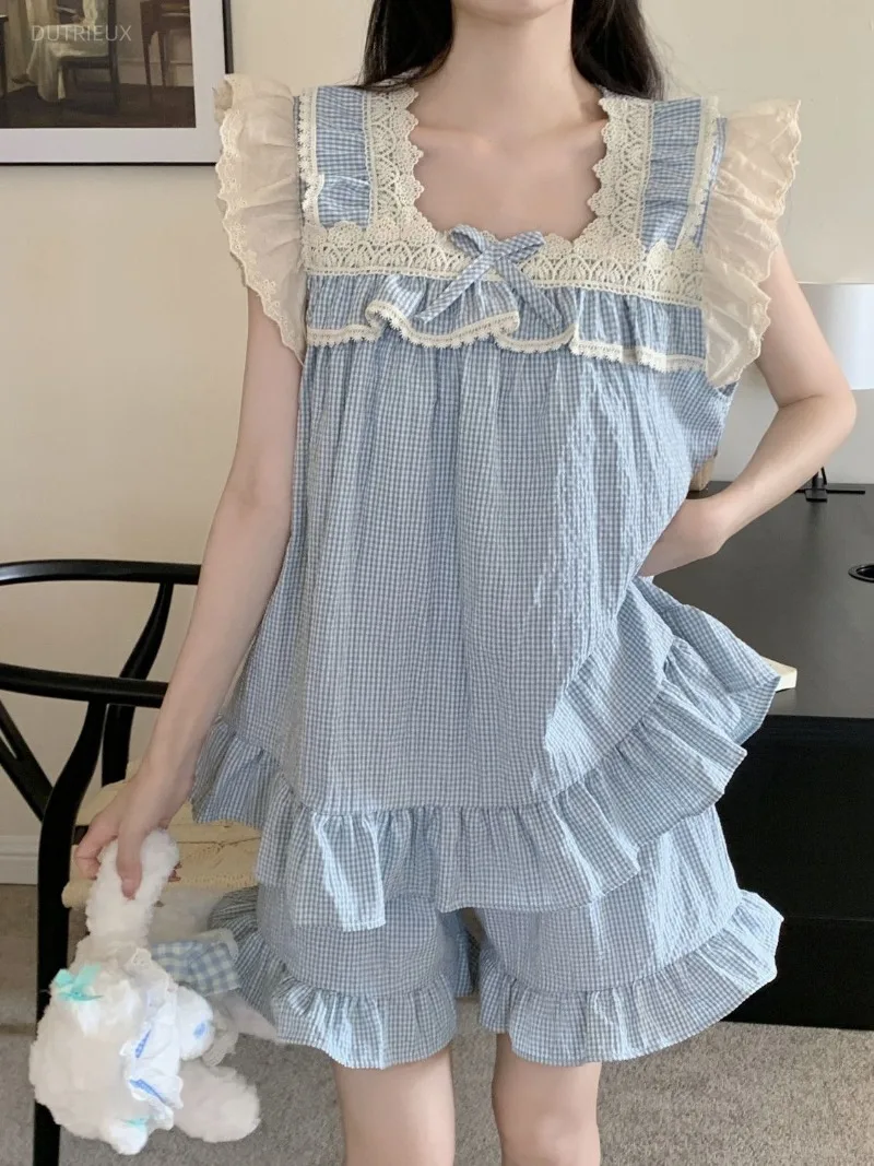 Summer Korean Square Collar Spliced Lace Sling Loose Tank Tops Elegant Appliques Plaid Punk Tops Y2k Simple Shorts Pajam Sets