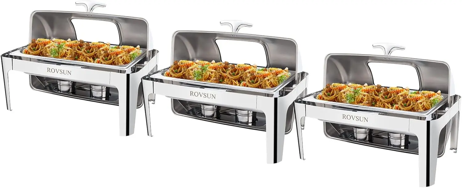 

ROVSUN 3 Pack Roll Top Chafing Dish Buffet Set,9 Quart Rectangular NSF Stainless Steel Chafer for Catering,Buffet Servers