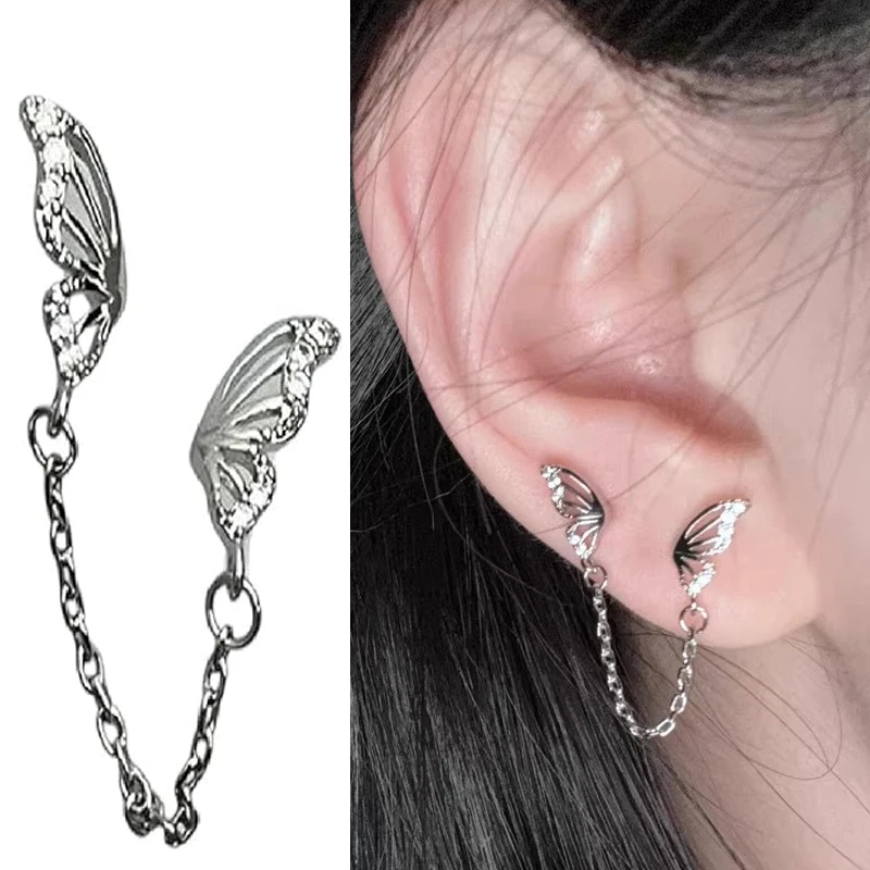 2pcs Shiny Hollow Butterfly Silver Color Rhinestone Earrings Stainless Steel Ear Bone Nail Delicate Stud Earring for Women