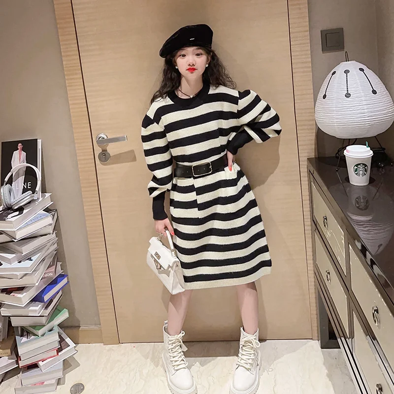 New Fashion Kids Long Knitted Sweater Dress female Girl Striped Knitwear One-piece Dress With Belt Teens Child Casual Streetwear image 2