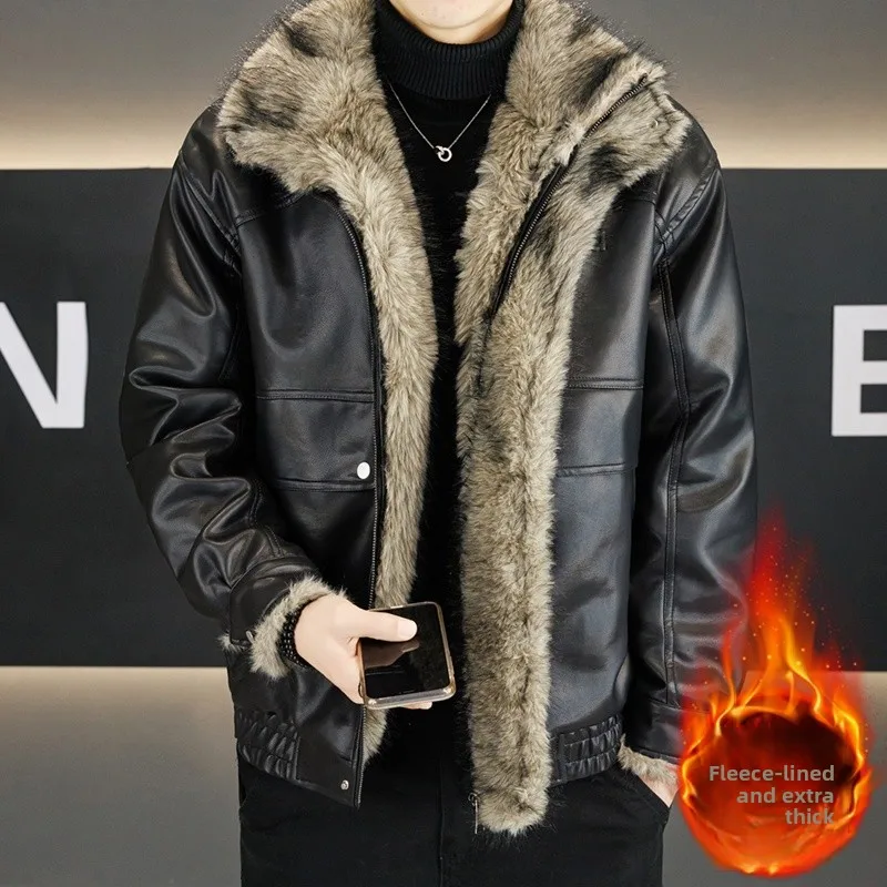 

Thiened Winter Men's Leather Jaet Casual Warm Fce Lined Inteated Fur Collar Coat Stand Fit Long Sve Zipper Clo...