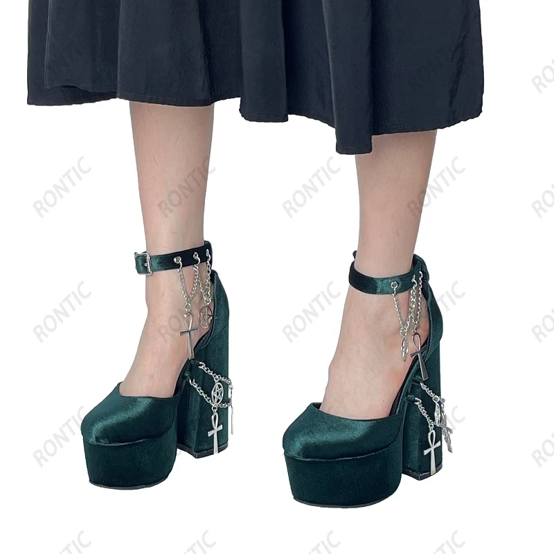 Rontic New Handmade Women Pumps Platform Sexy Chain Chunky Heels Round Toe Beautiful Green Party Cosplay Shoes US Size 5-20 - view 3