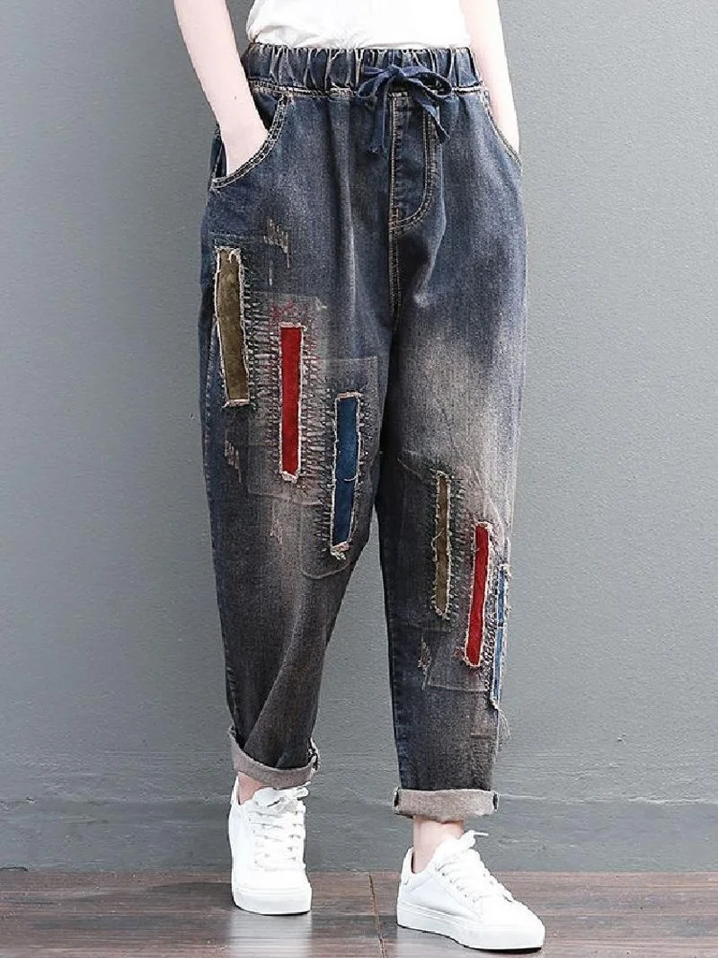 

Retro Embroidered Ethnic Sle Women's Jeans Loose Torn Patched Artistic Loose Waist Harlan Pants High Waist Long Pants