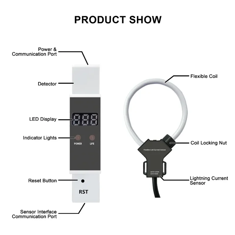 ETCR2840 EM2840 Lightning Strike Current Earth Online Detector Monitoring Flexible Coil RS485 SPD Alarm Signal 1 Channel DC