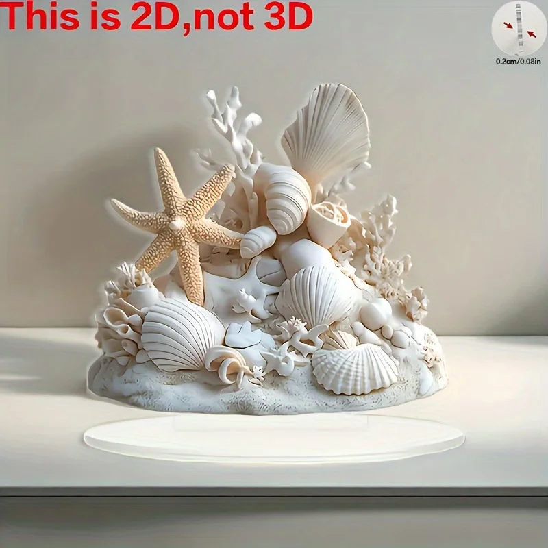 2D Flat, 1pc Bohemian-Style 2D Flat Sea Starfish & Shells Tabletop Aquarium-like Decor - White Starfish, Scallop & Starfish Shel