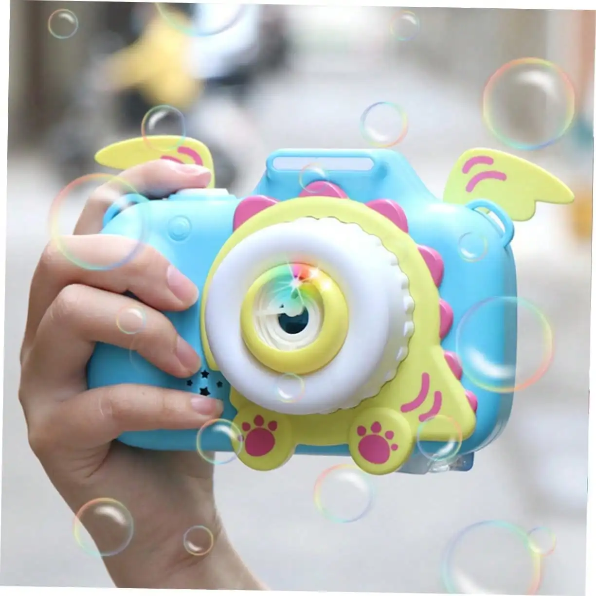Brinquedo da máquina da bolha da câmera dos desenhos animados, soprador automático da bolha para meninos e meninas, apropriado para jogos ao ar livre, presentes de aniversário