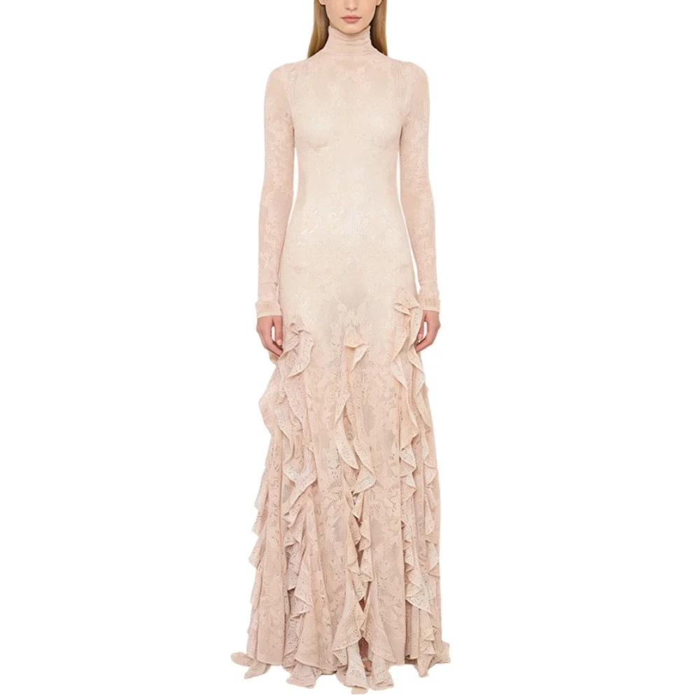 

Elegant Lace High Neck Long Sleeve Ruffle Maxi Dress Luxurious Retro Wedding Guests Dinner Party Mermaid Gown Pink Clothes