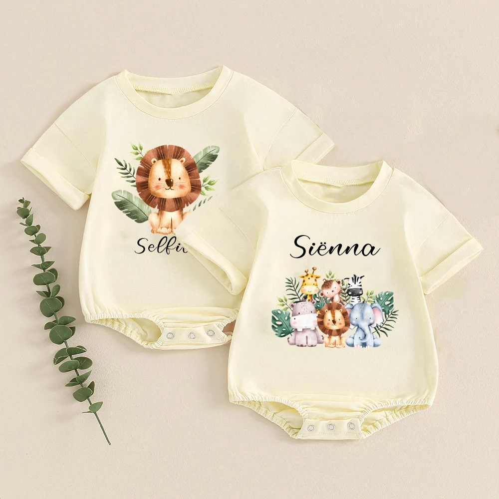 

Personalized Jungle Animal Baby Bubble Romper Infant Summer Clothes Baby Oversized Bodysuit Retro Newborn Short Sleeve Jumpsuit