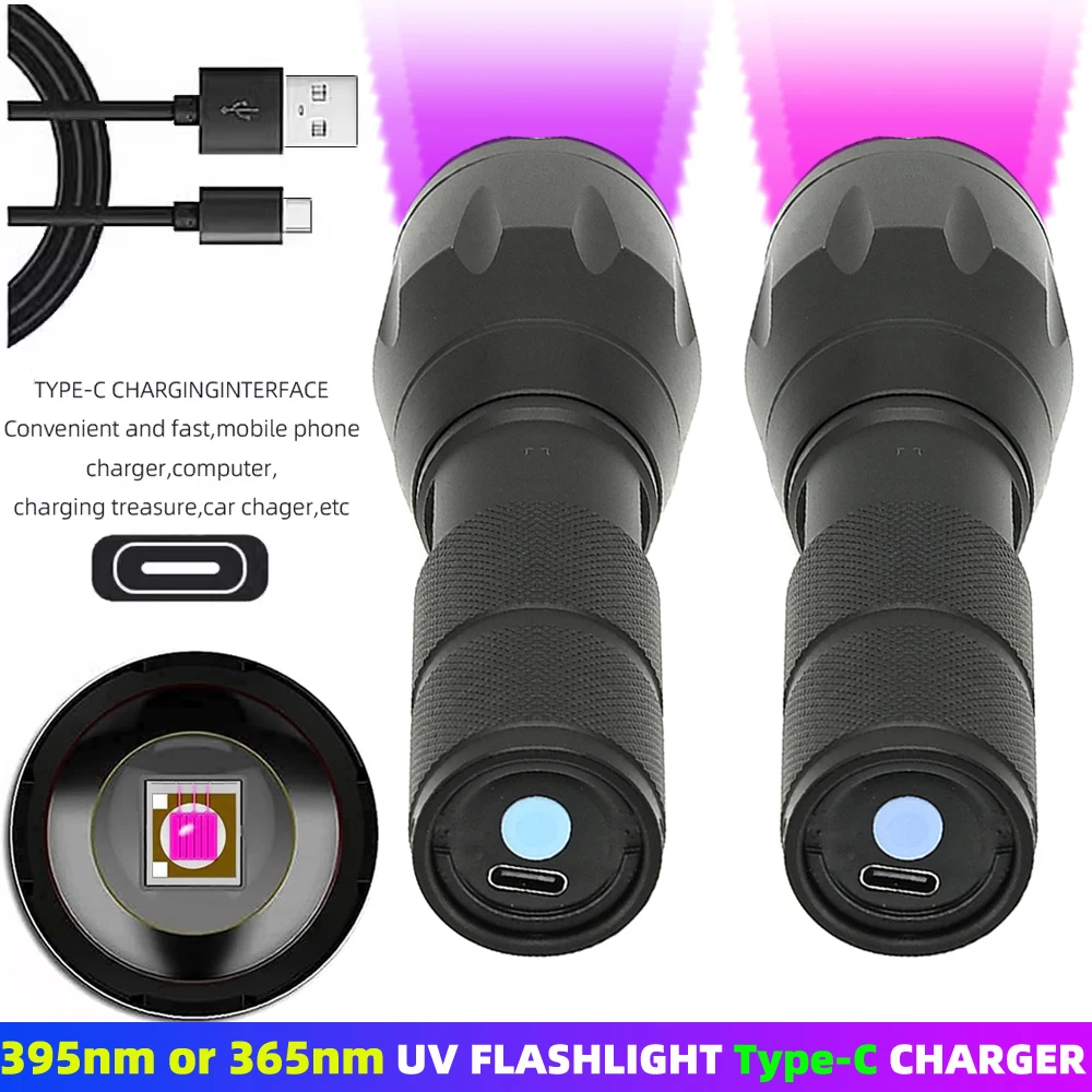 

365nm&395nm Ultraviolet Flashlight Blacklight, Type-c Charging UV Flashlight for Resin Curing, Rocks&Leak Detector