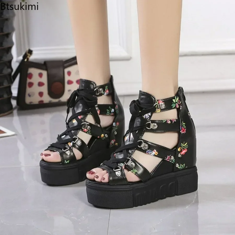 New 2026 Women's Summer High-heeled Sandals Thick-bottomed Wedge Hollow Fish Mouth Roman Style Gladiator Zipper Platform Sandals