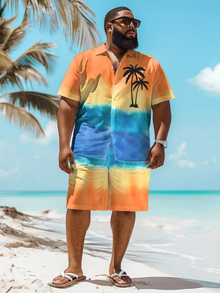 L-9XL Short sleeved Shirt Shorts Set Plus Size Men Summer Leisure Hawaiian Beach Coconut Tree Print Two Piece Set ZOOY