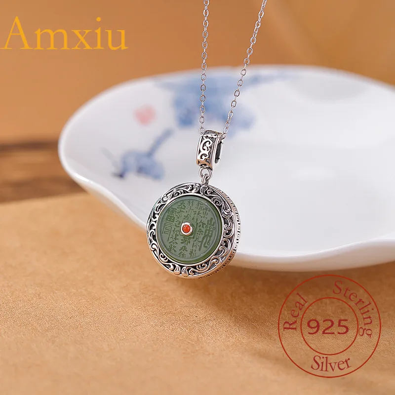 

Amxiu Sterling Silver 925 Hetian Jade Jadesite Mountain Ghost Flower Southern Red Vine Ethnic Style Round Silver Pendant