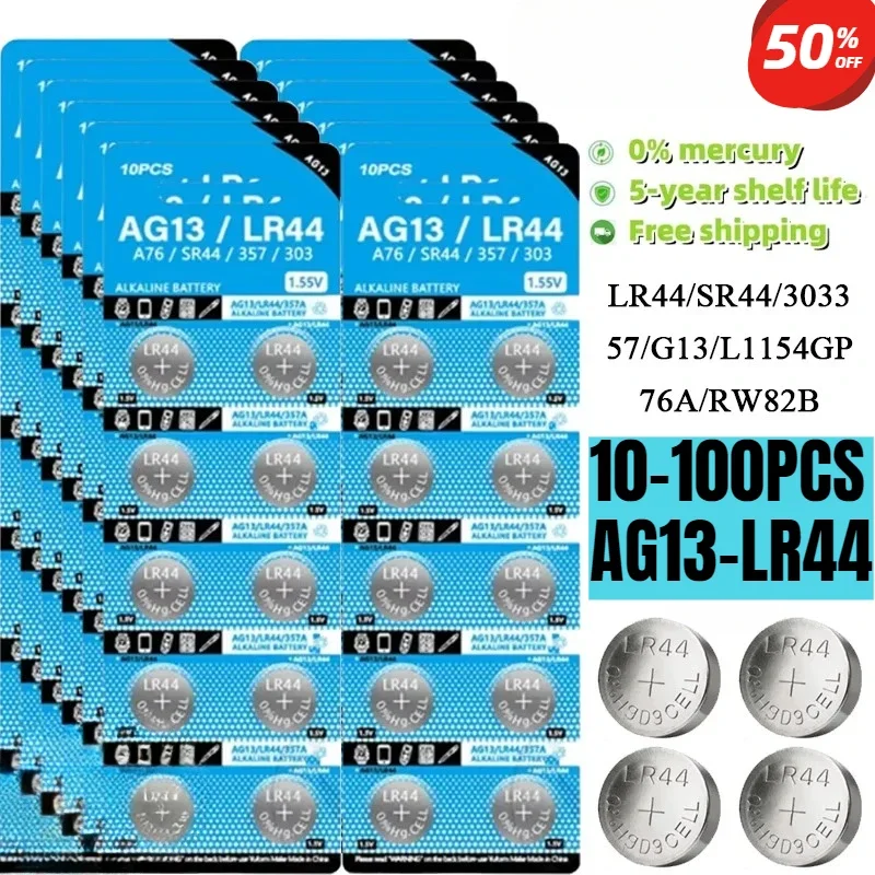 10-100PCS AG13 LR44 A76 1.55V Button Batteries for Watch Toys Remote L1154 SP76 SR44 LR1154 357 303 Cell Coin Alkaline Battery