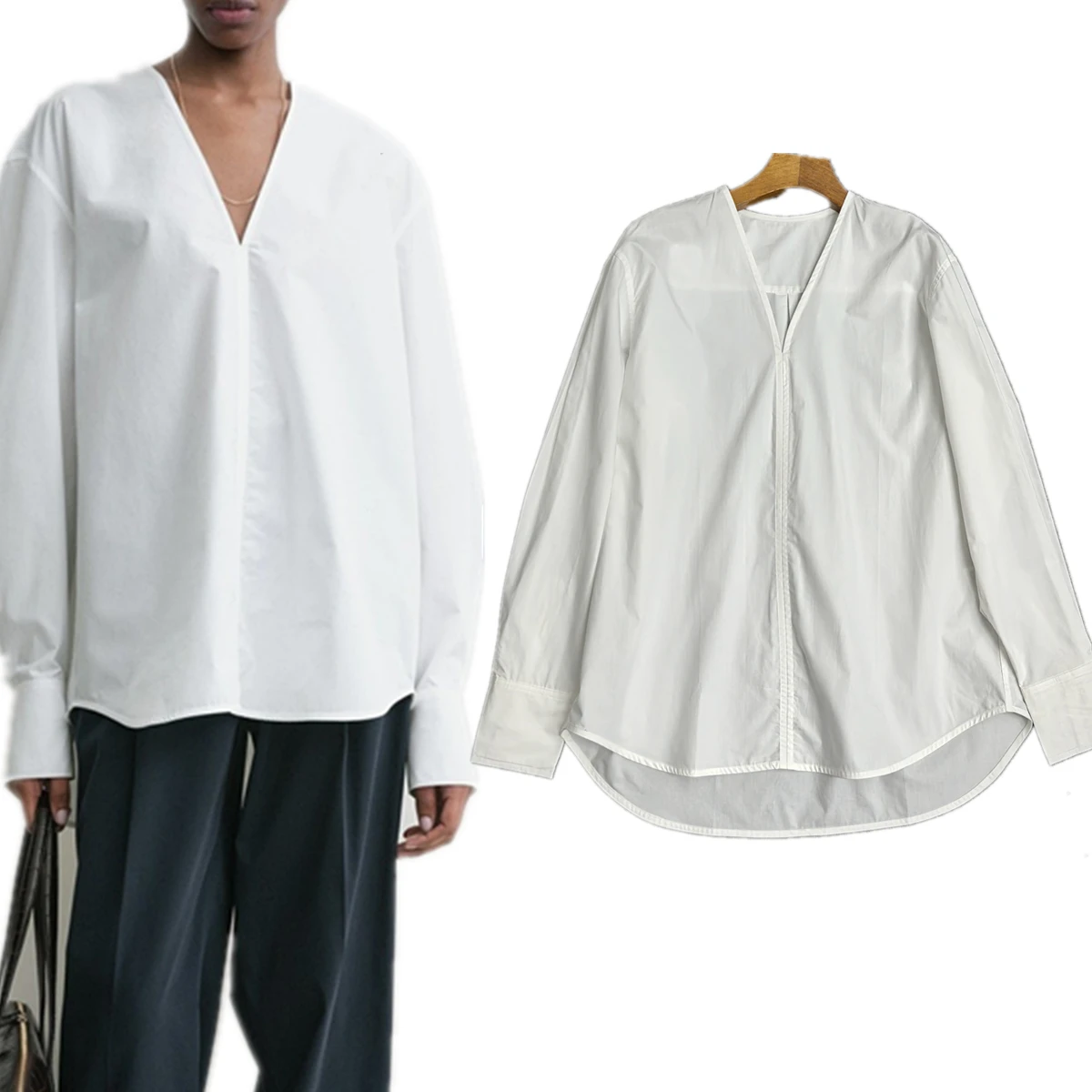 

Maxdutti French Solid Color V-neck Cotton Shirt Japanese Minimalist Loose Commuting Casual Shirt Blouse Women Pullover Tops