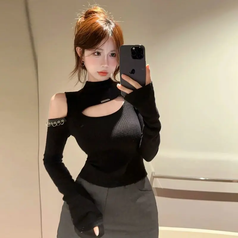 فاسق تي شيرتات طويلة الأكمام للنساء مثير الجوف خارج خارج الكتف المحاصيل القمم موضة الأمريكية كول الشارع الشهير Hotsweet الفتيات تيز