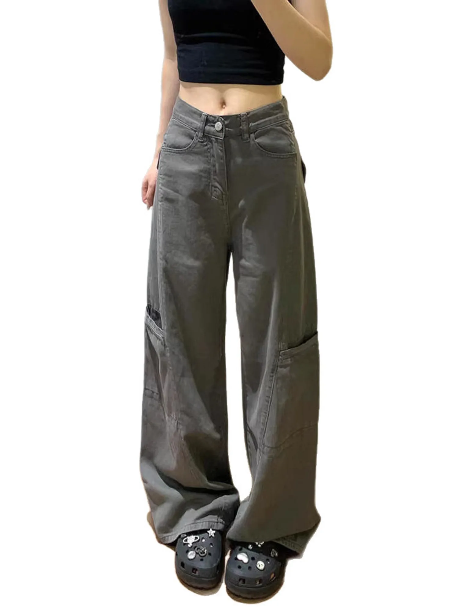 Women's High Waist Cargo Wide Leg Jeans Dark Green Wash Denim Pants Patch Pockets Utility Casual