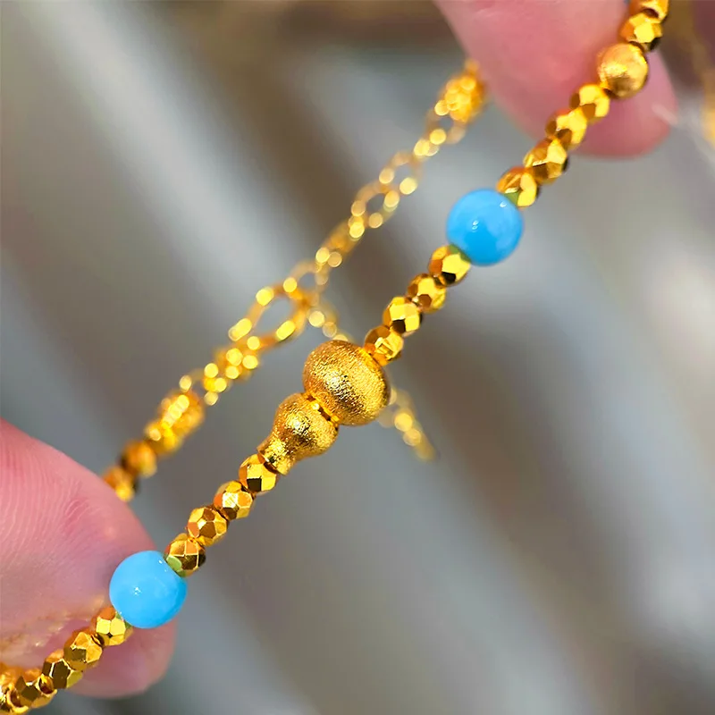Luxury 9999 24K Real Gold Brushed Cat Eye Bouncy Beads Turquoise Transfer Beads Bracelet Jewelry for Girlfriend