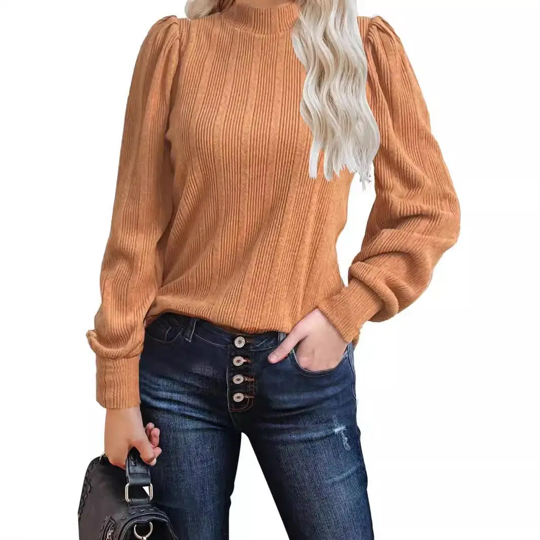 

Women's Warm Long irt French Sle Loose Fit Polyester Spandex Color T-irt Ladies Faion Autumn Season