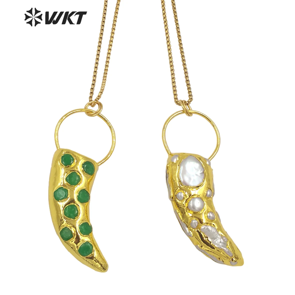 WT-JN176 WKT Unique Design Natural Pearl Necklace Pepper Shape Two Tone Pendant Gold Plated Box Chain Ladies Jewelry Necklace