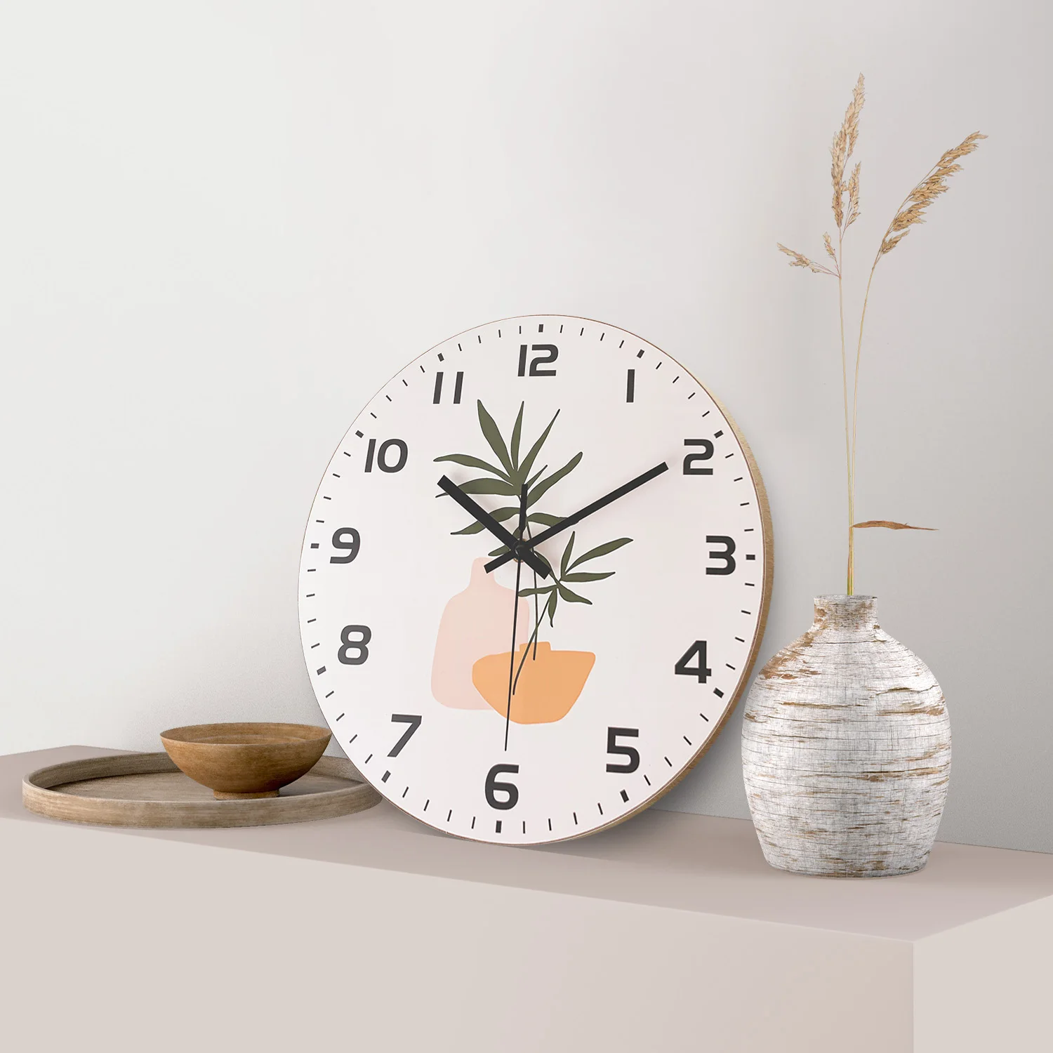 Simple Small Floral Pattern Wooden Wall Clock for Living Room, Bedroom, Kitchen, Home Decoration, Silent Quartz Clock, Holiday Gift, 10 Inches, 12 Inches, 14inch, 16inch (No Battery)