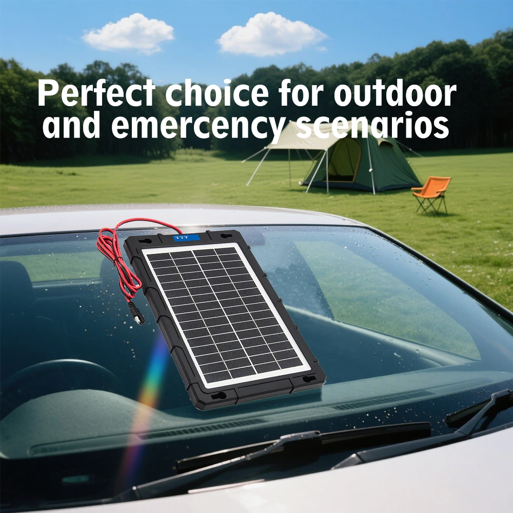Solar Panel 12V Car Battery Charger Built In Charge Controller IP65 Waterproof Anti Shatter Solar Trickle Charger With Cigarette Lighter Alligator Clips Suction Cups For Motorcycle RV Boat Truck