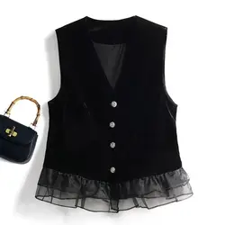 Black Velvet V-neck Vest Women's 2024 Spring And Autumn New Fashion Splicing Sleeveless Top Coat