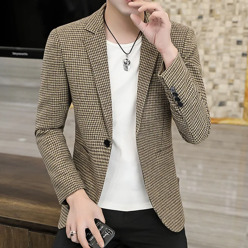 

HOO 2024 New Men's Plaid Jacquard blazer Youth Fashion Leisure blazer