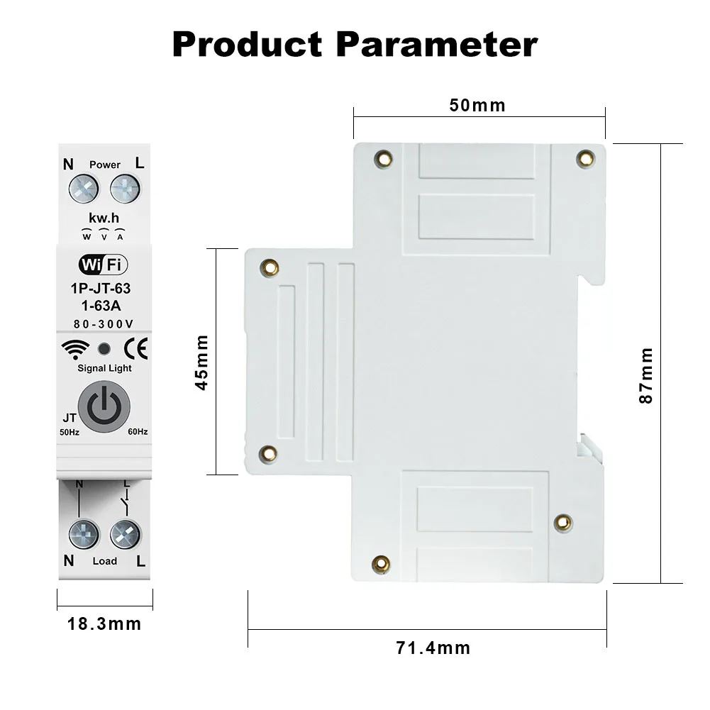 63A 1P WIFI Temperature Adjustable Smart Switch Overcurrent Overvoltage Undervoltage Protector Circuit Breaker Timer Relay