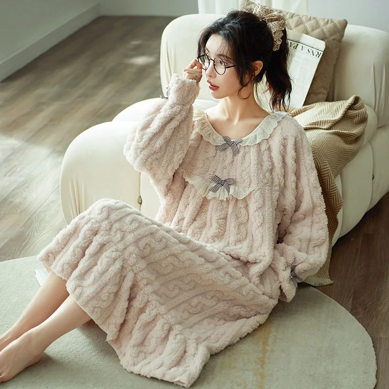 Winter Thicken Coral Velvet Warm Sleepwear Long Dress for Women Sweet Girls Flannel Nightgowns Cute Bath Robe Loose Home Wear