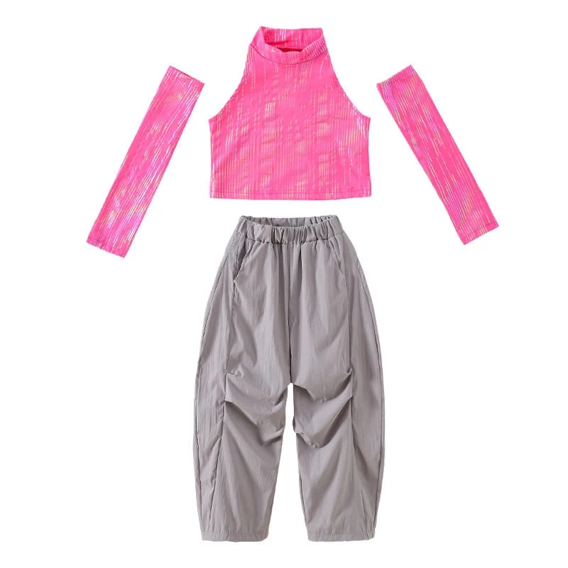 2025 Children Hip Hop Dance Costumes For Girls Rose Red Crop Top Loose Pants Streetwear Kids Jazz Performance Clothes DQS20541