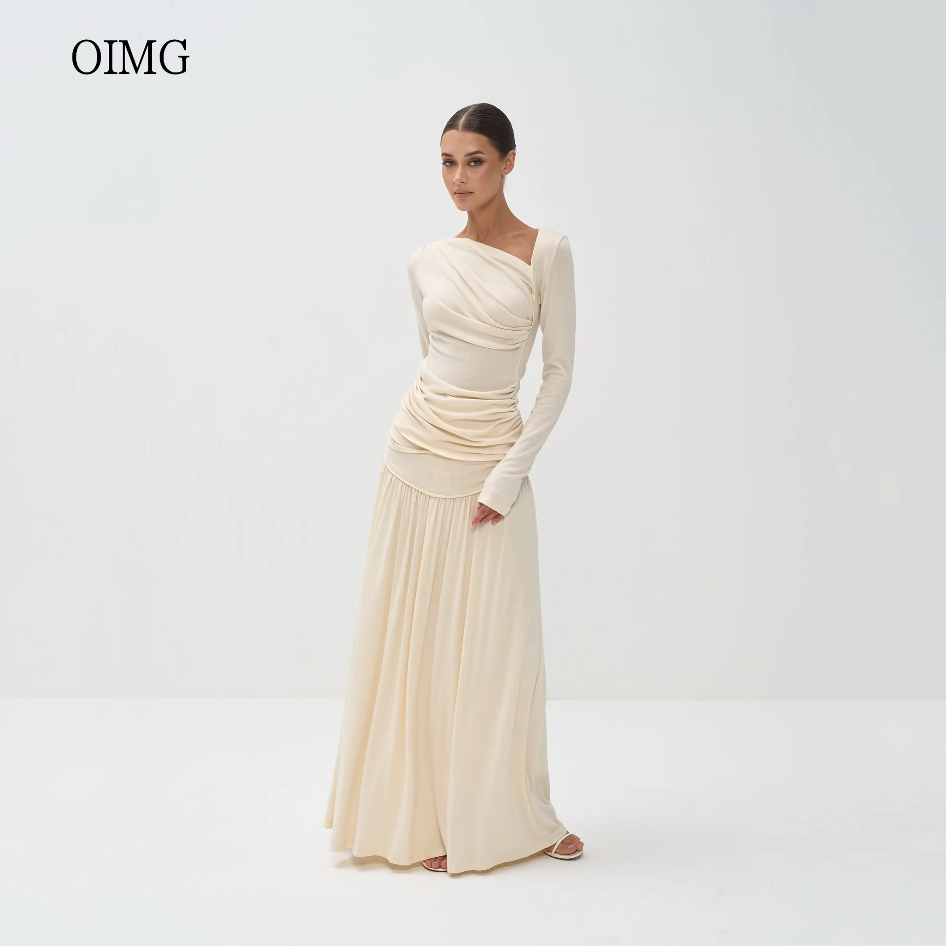 

OIMG Simple Long Sleeves A Line Prom Gowns Slanted V Neck Pleated Formal Party Gown Floor Length Evening Dress Customized