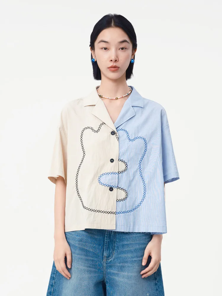 

MOVEUP Short Sleeves Shirt 2026 Summer New Contrast Color Hugging Cat Embroidered Drop Sleeves Commuting Shirt Women 125220441