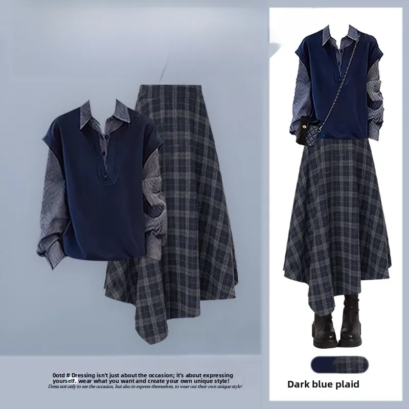 

Korean Design Sense Women's Summer Outfit High Waist Plaid Skirt Sweatirt Two-Piece Set Faionable Casual Ensemble