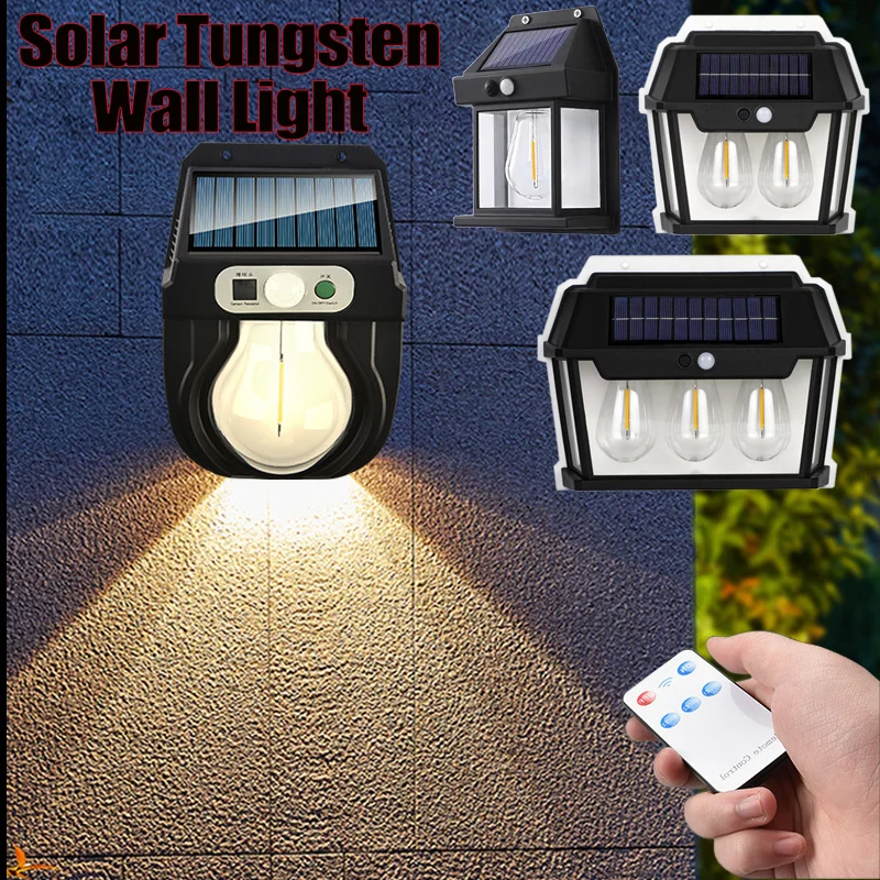 Lampu Dinding Tungsten tenaga surya, lampu filamen Tungsten induksi cerdas dengan pengendali jarak jauh, lampu taman dan vila luar ruangan