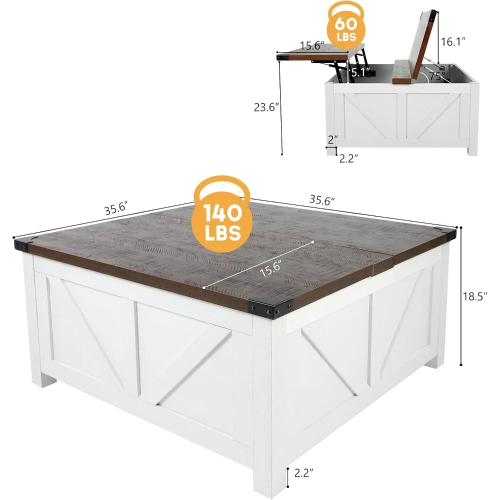 Mesa de centro elevatória de fazenda com armazenamento, mesa central quadrada de madeira com estação de carregamento e portas USB