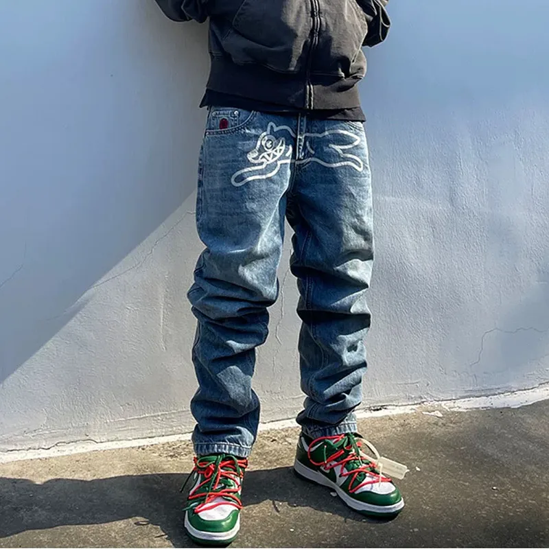 2024 Pantolon Y2K Streetwear Flying Dog Print Baggy Jeans Pants For Men Clothes Harajuku Fashion Hip Hop Denim Trousers Vaqueros